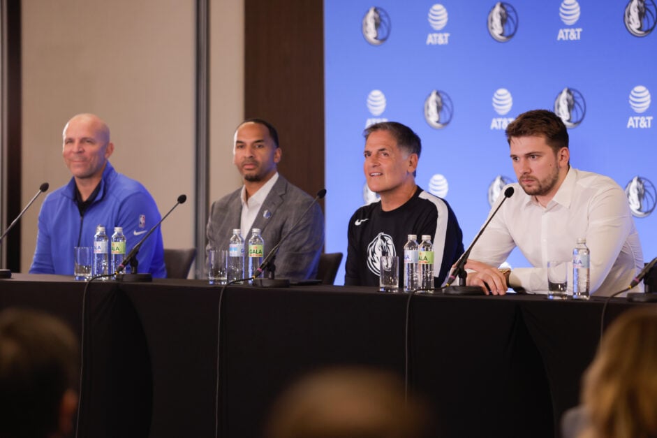 (L-R) Jason Kidd, Nico Harrison, Mark Cuban, Luka Doncic at a Dallas Mavericks press conference