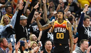 Jordan Clarkson #00 of the Utah Jazz celebrates