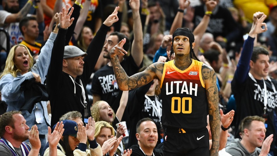 Jordan Clarkson #00 of the Utah Jazz celebrates