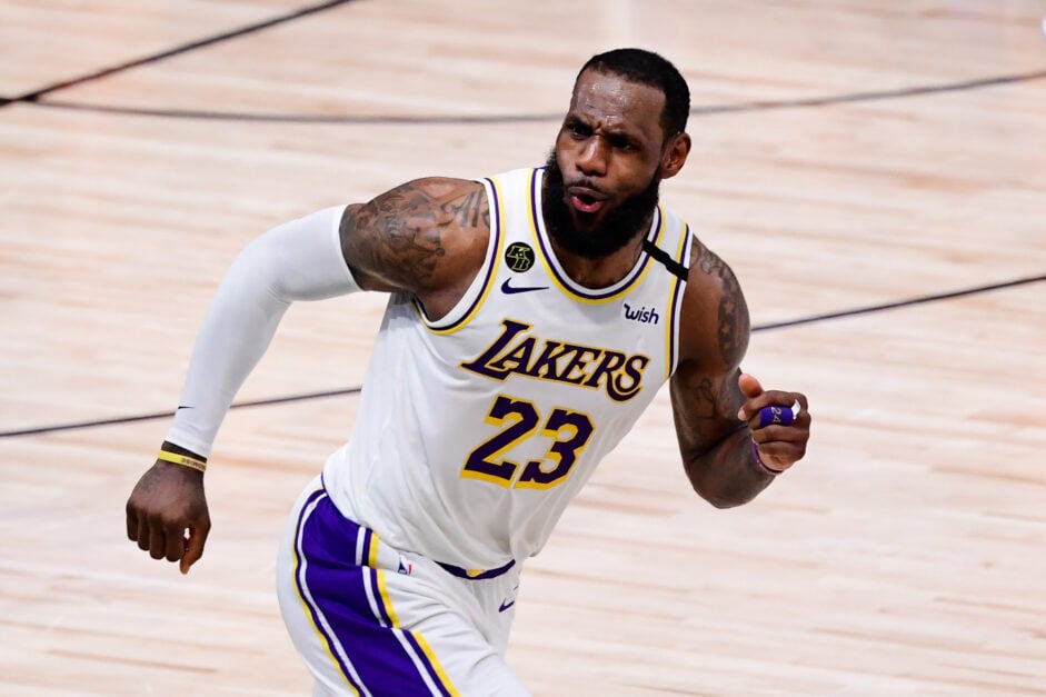 LeBron James #23 of the Los Angeles Lakers reacts during the fourth quarter against the Miami Heat in Game Six of the 2020 NBA Finals at AdventHealth Arena at the ESPN Wide World Of Sports Complex on October 11, 2020