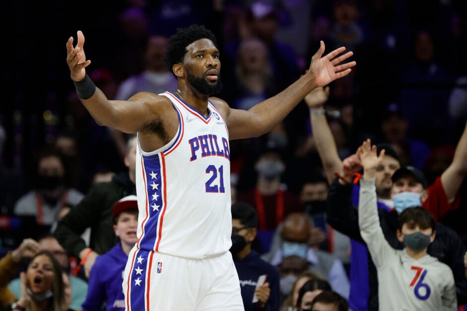 Philadelphia 76ers center Joel Embiid celebrates against the Cleveland Cavaliers