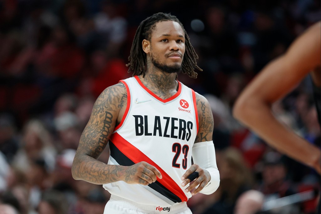 Ben McLemore of the Portland Trail Blazers walks back to the court after a timeout 
during the first half against the Houston Rockets at Moda Center on March 25, 2022 in Portland, Oregon. 
