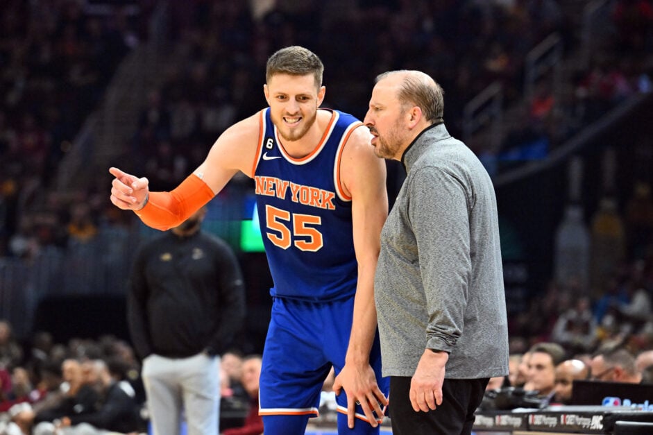 Isaiah Hartenstein #55 talks to head coach Tom Thibodeau of the New York Knicks during the second quarter against the Cleveland Cavaliers at Rocket Mortgage Fieldhouse on October 30, 2022 in Cleveland, Ohio.