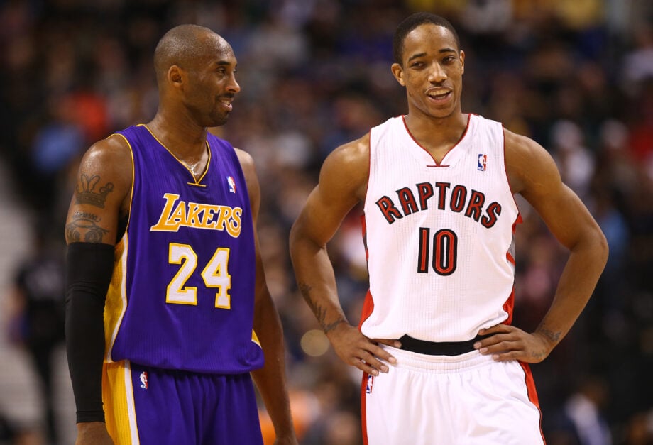 Kobe Bryant #24 of the Los Angeles Lakers talks to DeMar DeRozan #10 of the Toronto Raptors during NBA game action on January 20, 2013 at Air Canada Centre in Toronto, Canada.
