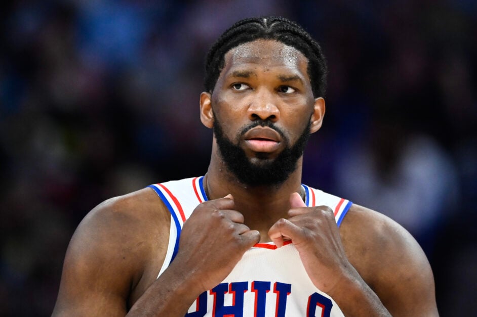 Joel Embiid #21 of the Philadelphia 76ers looks on during the first half of a game against the Utah Jazz.