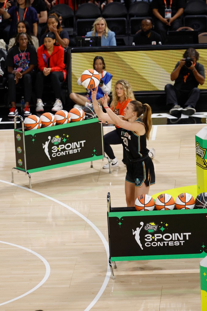 Sabrina Ionescu competes in a 3-point shootout against Steph Curry on July 14, 2025.