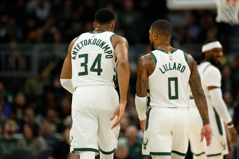 Giannis Antetokounmpo #34 and Damian Lillard #0 of the Milwaukee Bucks