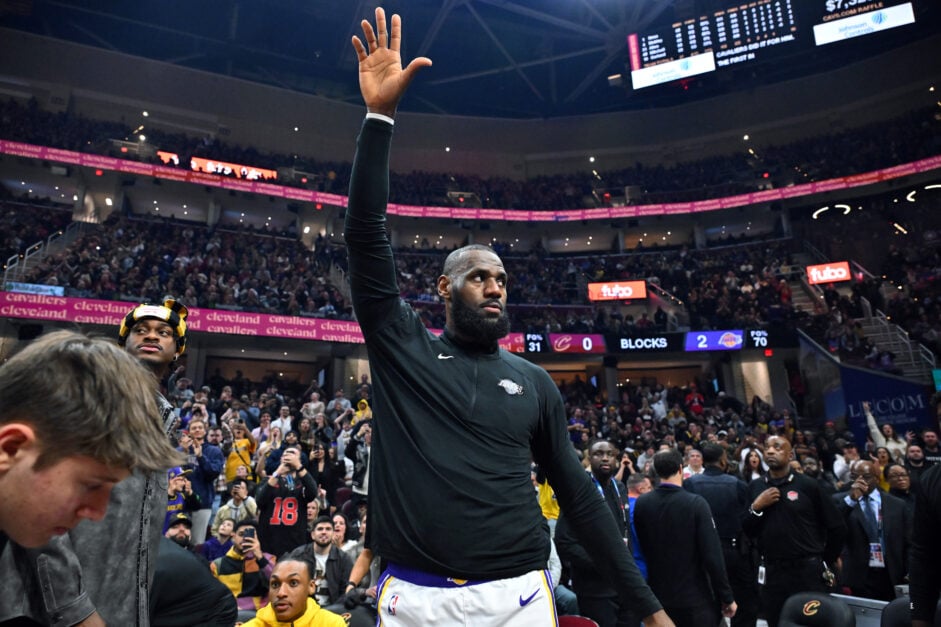 LeBron James #23 of the Los Angeles Lakers acknowledges the fans during a tribute video during the first quarter against the Cleveland Cavaliers at Rocket Mortgage Fieldhouse.