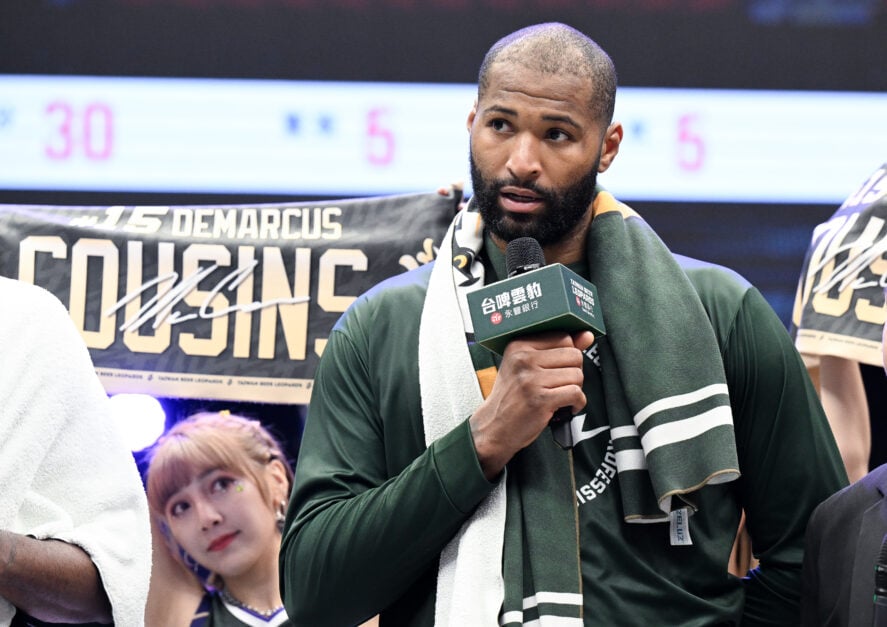 Center DeMarcus Cousins #15 of Taiwan Beer Leopards talks to fans after winning the T1 League game between Tainan TSG Ghost Hawks and Taiwan Beer Leopards.