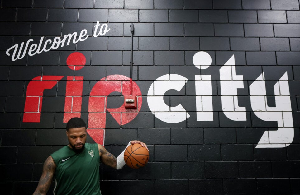 Damian Lillard #0 of the Milwaukee Bucks warms up before his return against the Portland Trail Blazers at Moda Center on January 31, 2024 in Portland, Oregon.