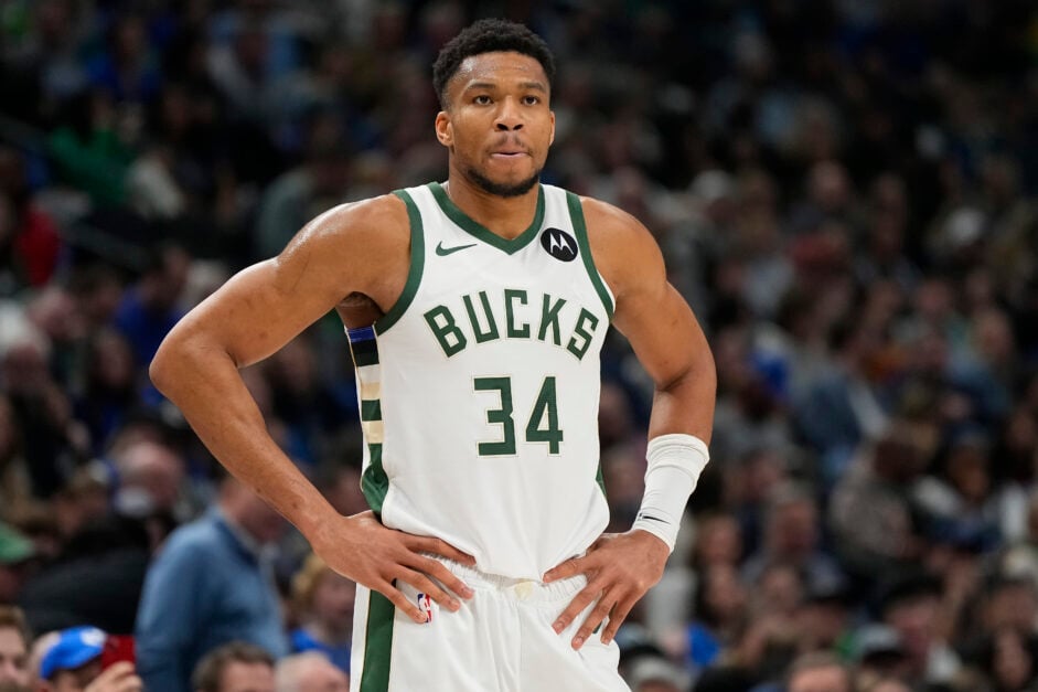 Giannis Antetokounmpo #34 of the Milwaukee Bucks looks on during the first half against the Dallas Mavericks at American Airlines Center.