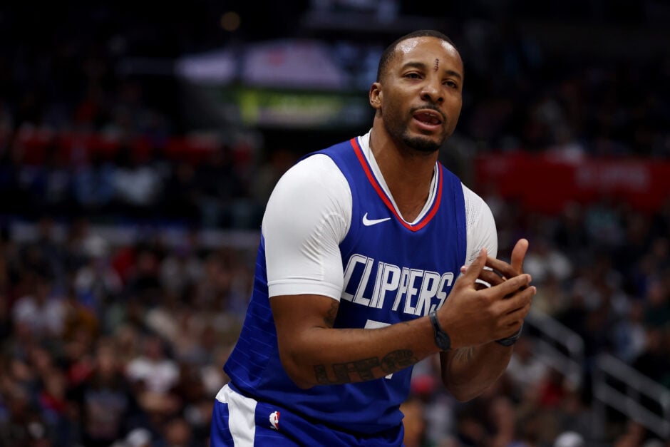 Norman Powell #24 of the Los Angeles Clippers reacts after a call during the fourth quarter against the Minnesota Timberwolves.