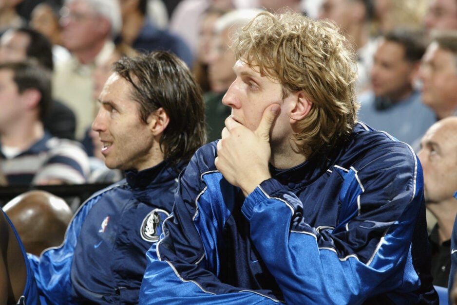 Nowitzki and Nash look on as the Dallas Mavericks play