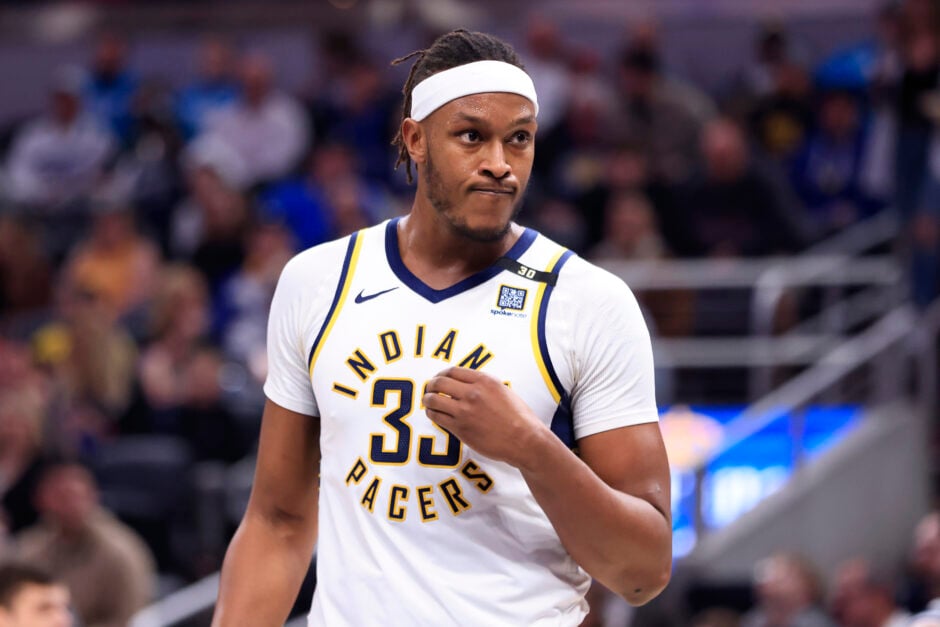 Myles Turner #33 of the Indiana Pacers reacts in the game against Rick Carlisle's former team, the Dallas Mavericks at Gainbridge Fieldhouse on February 25, 2024 in Indianapolis, Indiana.