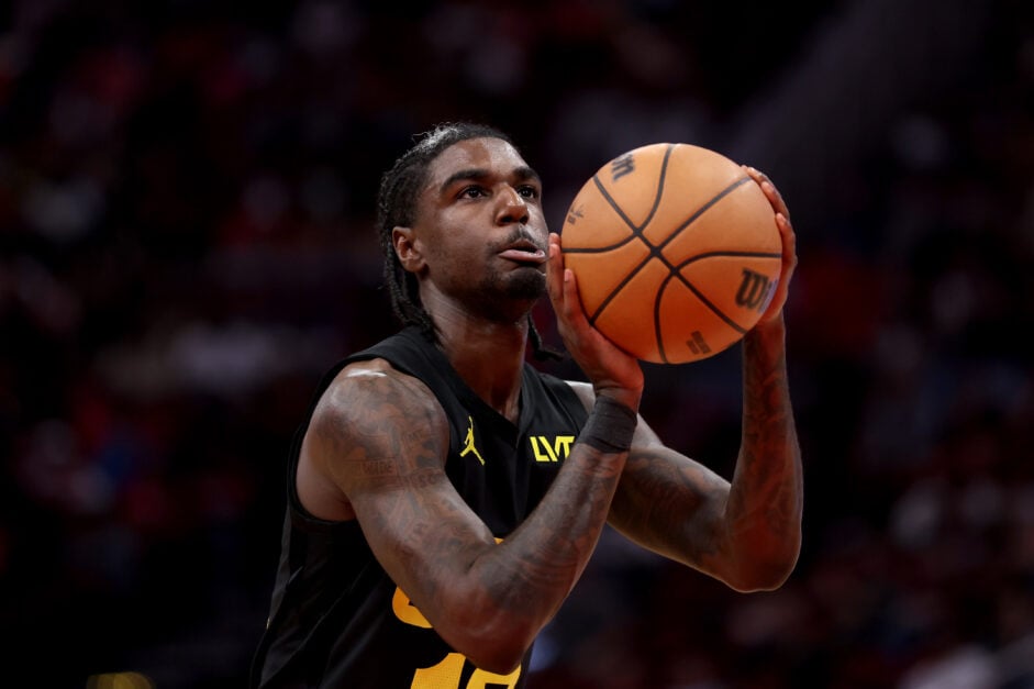 Kira Lewis Jr. #13 of the Utah Jazz shoots a free throw in the second half against the Houston Rockets.
