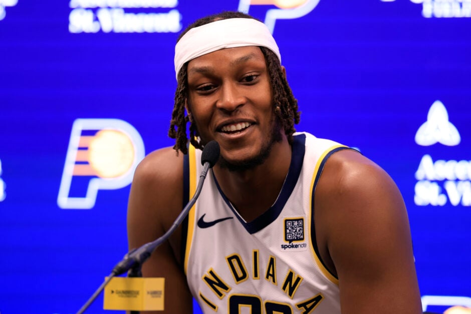 Myles Turner #33 of the Indiana Pacers speaks to the media during the Indiana Pacers Media Day at Gainbridge Fieldhouse.