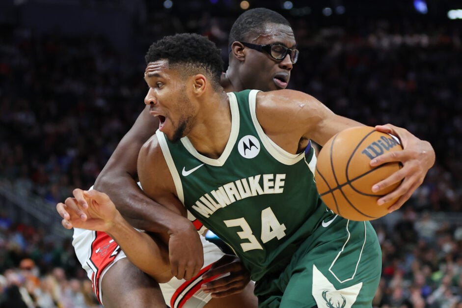 Giannis Antetokounmpo plays for the Bucks against the Chicago Bulls