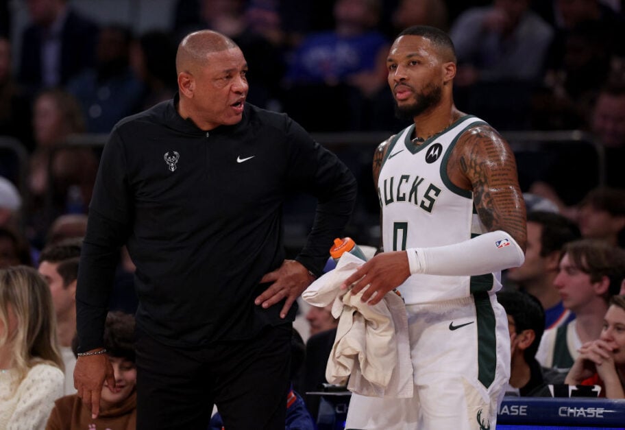 Damian Lillard and Doc Rivers during Milwaukee Bucks v New York Knicks