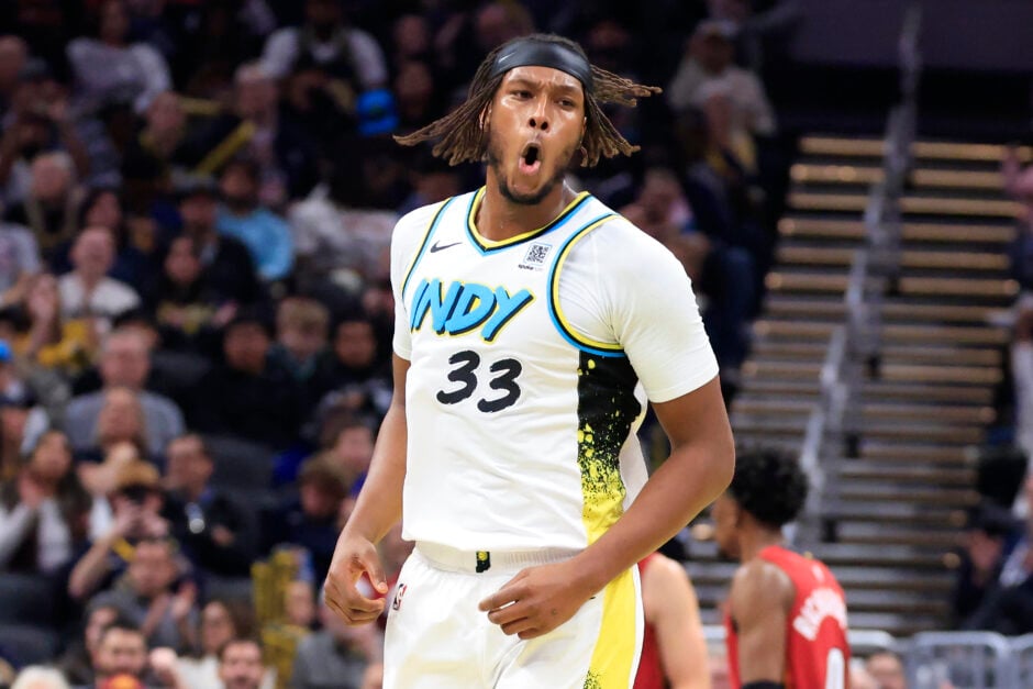 Myles Turner #33 of the Indiana Pacers reacts against the Miami Heat at Gainbridge Fieldhouse on November 17, 2024 in Indianapolis, Indiana.