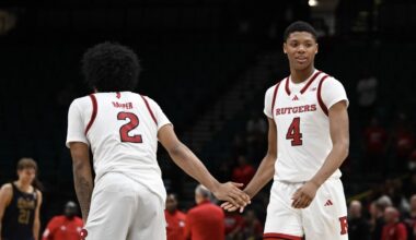 Dylan Harper #2 of the Rutgers Scarlet Knights and Ace Bailey #4 of the Rutgers Scarlet Knights