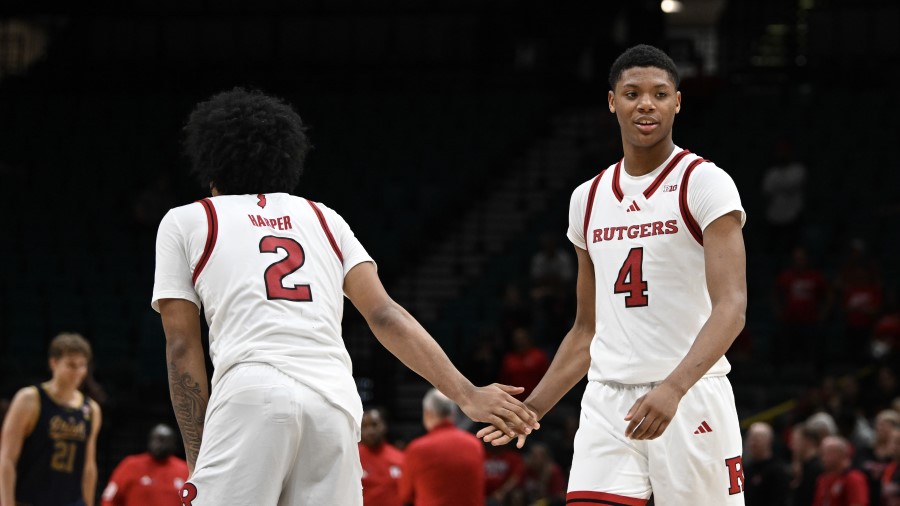 Dylan Harper #2 of the Rutgers Scarlet Knights and Ace Bailey #4 of the Rutgers Scarlet Knights