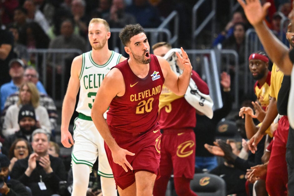Georges Niang celebrates for the Cavaliers, vs the Celtics