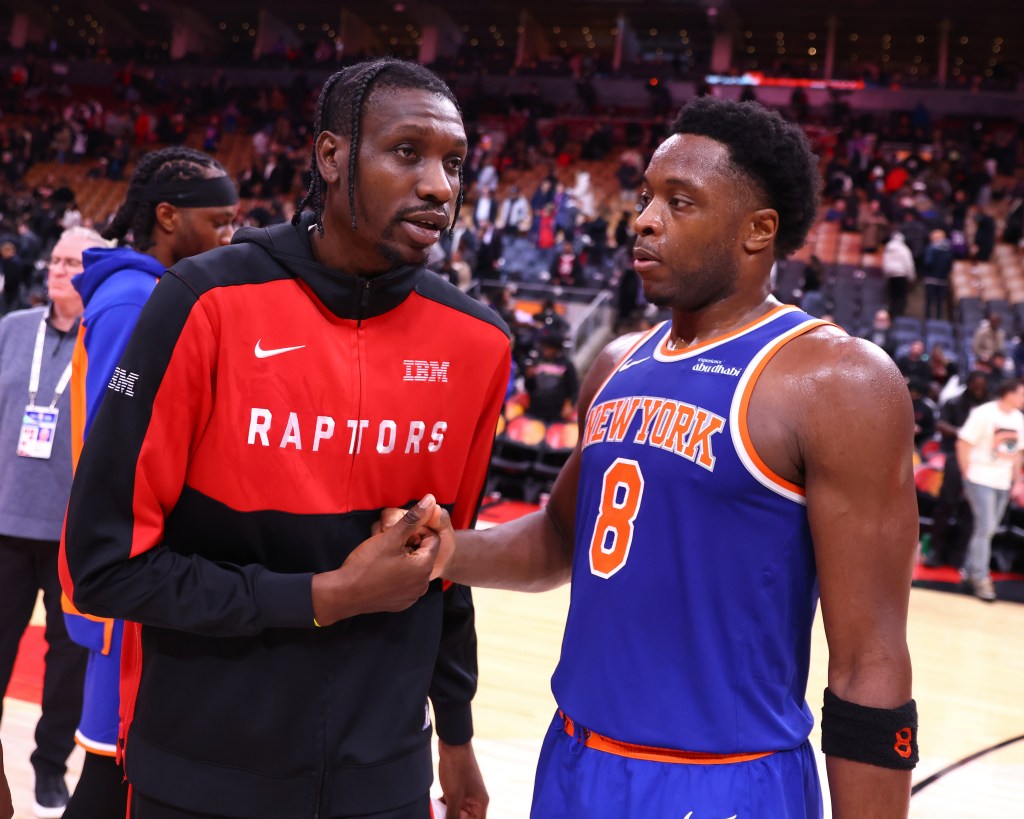 Chris Boucher (l.) and OG Anunoby (r.) after a Raptors-Knicks game on Dec. 9, 2024.