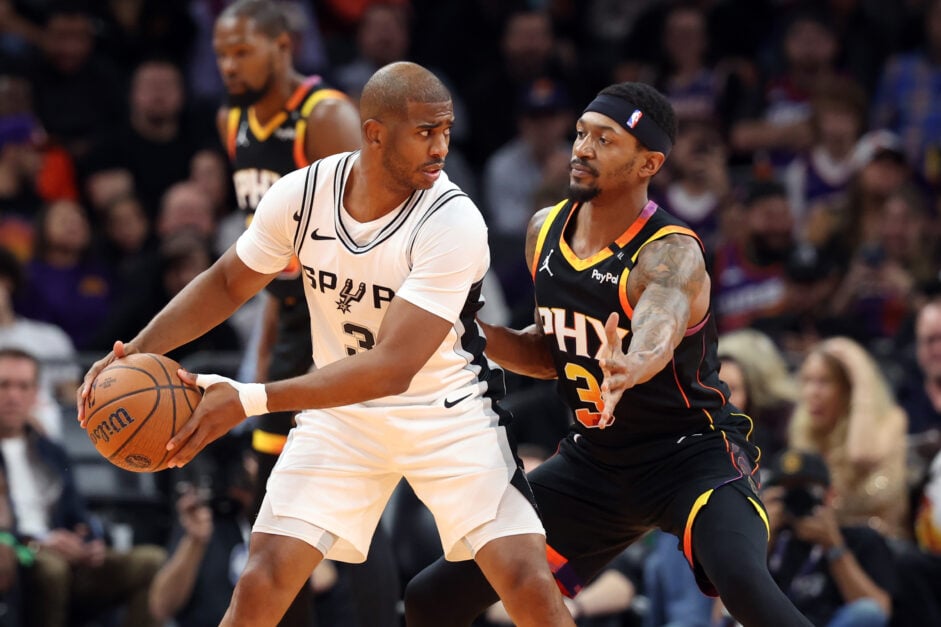 Future teammates on the LA Clippers? Bradley Beal #3 of the Phoenix Suns pressures Chris Paul #3 of the San Antonio Spurs during the first half of the Emirates NBA Cup game.