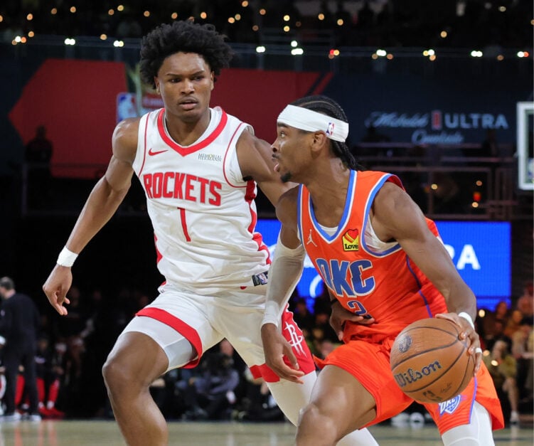 Houston Rockets forward Amen Thompson guards Oklahoma City Thunder guard Shai Gilgeous-Alexander