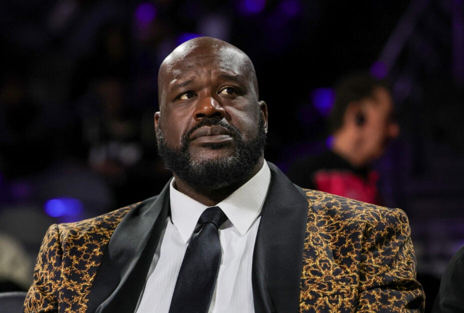 Naismith Memorial Basketball Hall of Fame member Shaquille O'Neal attends a semifinal game of the Emirates NBA Cup at T-Mobile Arena between the Atlanta Hawks and the Milwaukee Bucks.