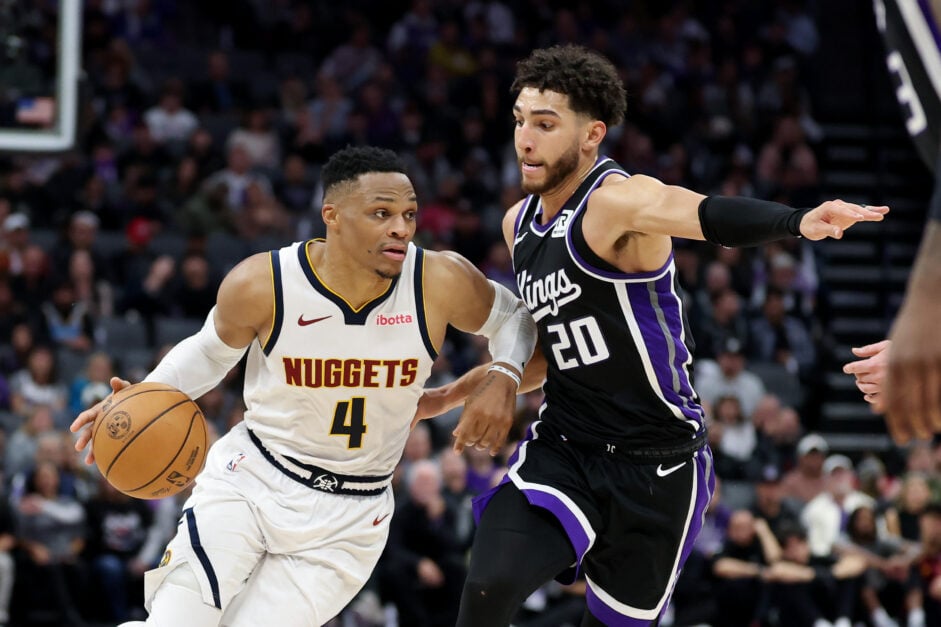 Denver Nuggets point guard Russell Westbrook drives against the Sacramento Kings
