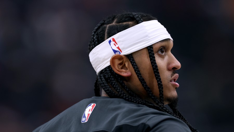 Jordan Clarkson #00 of the Utah Jazz during warm up headbands...