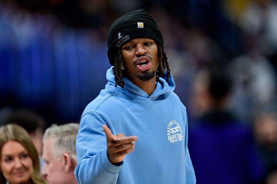 DaRon Holmes talks while point his finger during Denver Nuggets vs Phoenix Suns game.