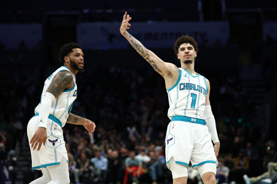 Charlotte Hornets guard LaMelo Ball celebrates against the Phoenix Suns