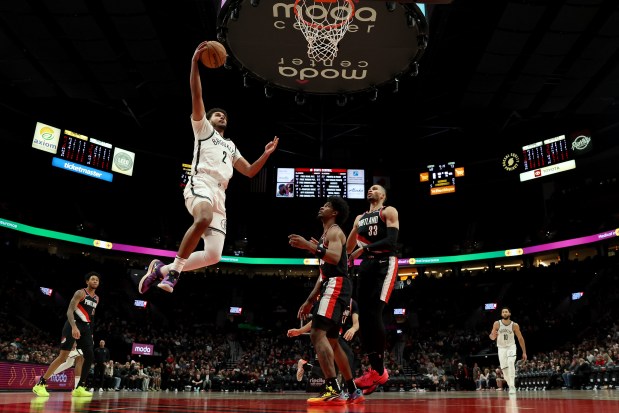 Cameron Johnson (2) of the Brooklyn Nets shoots against the Portland Trail Blazers during the second half at Moda Center on January 14, 2025 in Portland, Oregon. (Photo by Steph Chambers/Getty Images)