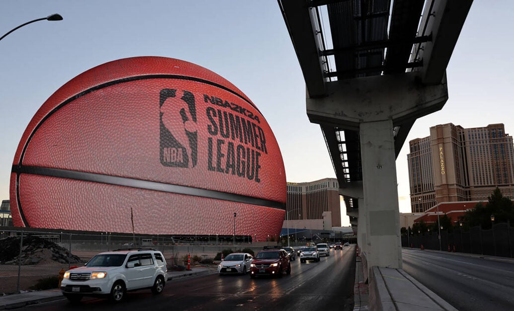 Logo of the NBA Summer League on the Las Vegas Sphere transformed the Exosphere into a basketball with a welcome message to teams, players and fans.