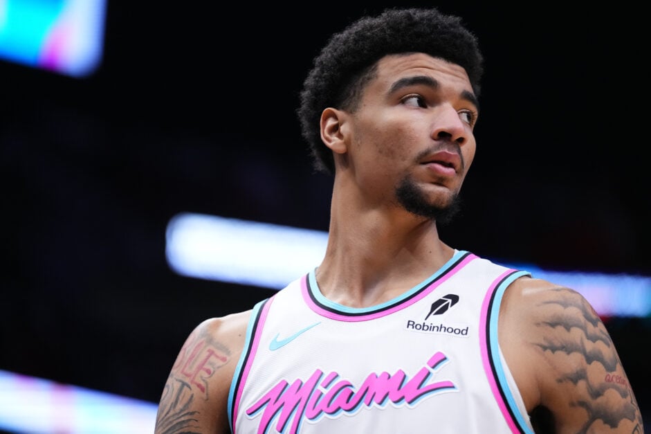 Kel'el Ware #7 of the Miami Heat looks on against the Orlando Magic.