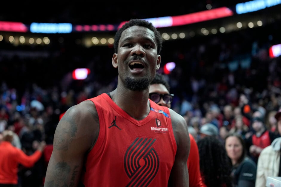 Deandre Ayton #2 of the Portland Trail Blazers celebrates a 121-119 win against the Phoenix Suns.