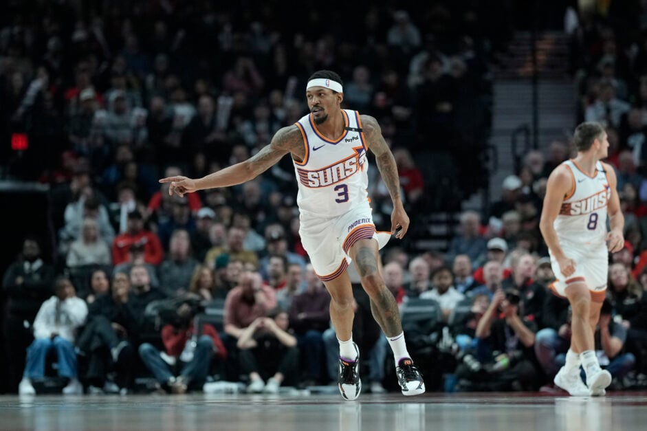 Bradley Beal #3 of the Phoenix Suns gestures after making a three point basket during the first half against the Portland Trail Blazers at Moda Center on February 03, 2025 in Portland, Oregon.