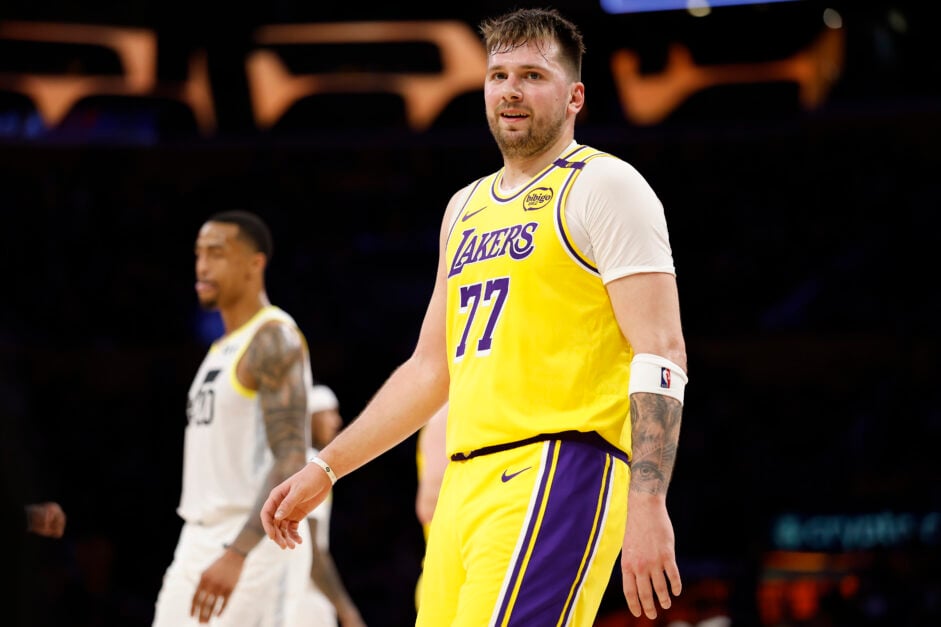 Luka Doncic #77 of the Los Angeles Lakers reacts after committing his third foul during the third quarter of a game against the Utah Jazz at Crypto.com Arena on February 10, 2025 in Los Angeles, California.