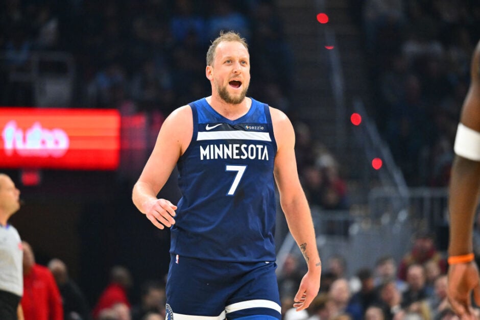Joe Ingles #7 of the Minnesota Timberwolves walks back during the second quarter against the Cleveland Cavaliers.