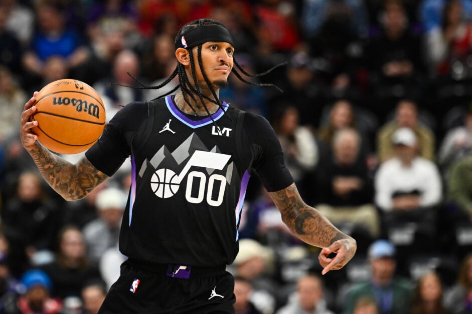Jordan Clarkson #00 of the Utah Jazz handles the ball during the first half of a game against the Sacramento Kings.