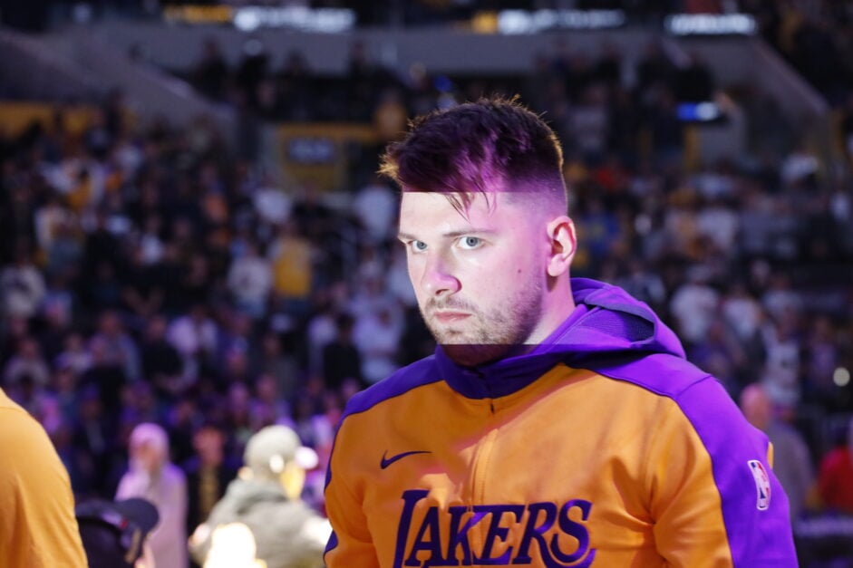 Lakers point guard Luka Doncic, #77, warms up before a game with the Dallas Mavericks at Crypto.com Arena.