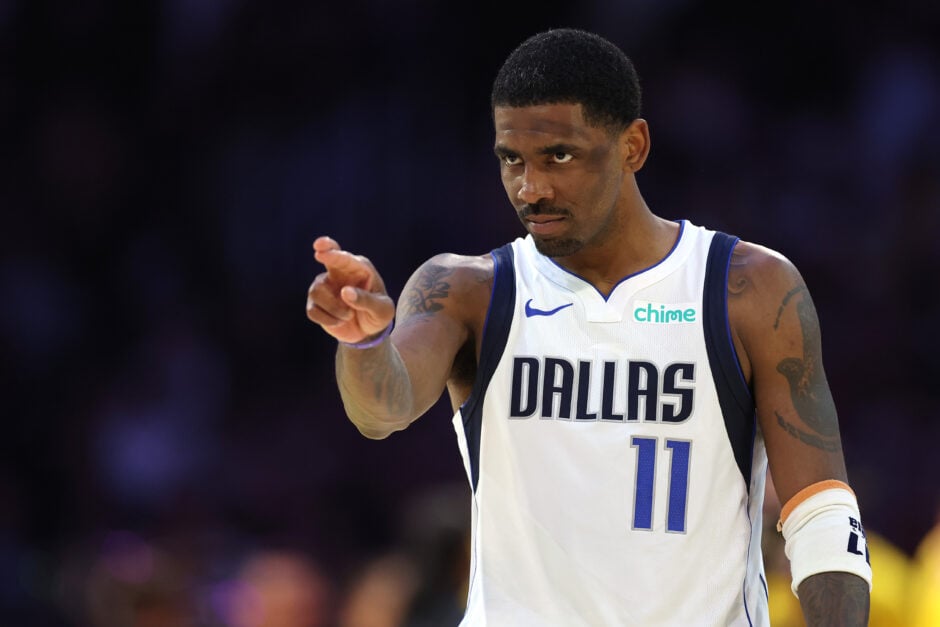Dallas Mavericks star Kyrie Irving points finger during a game against the Los Angeles Lakers.