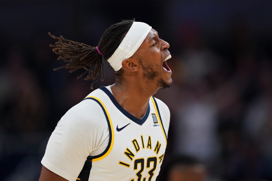 Myles Turner #33 of the Indiana Pacers celebrates after making a shot in the fourth quarter against the Toronto Raptors at Gainbridge Fieldhouse.
