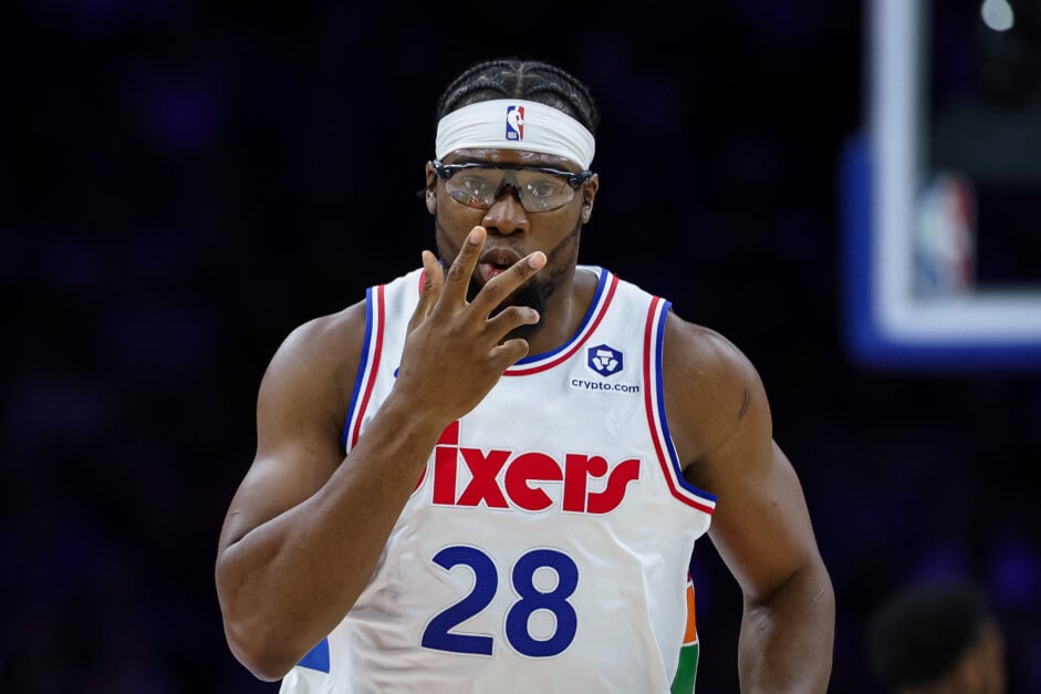 Guerschon Yabusele #28 of the Philadelphia 76ers celebrates after making a three point basket against the Golden State Warriors.