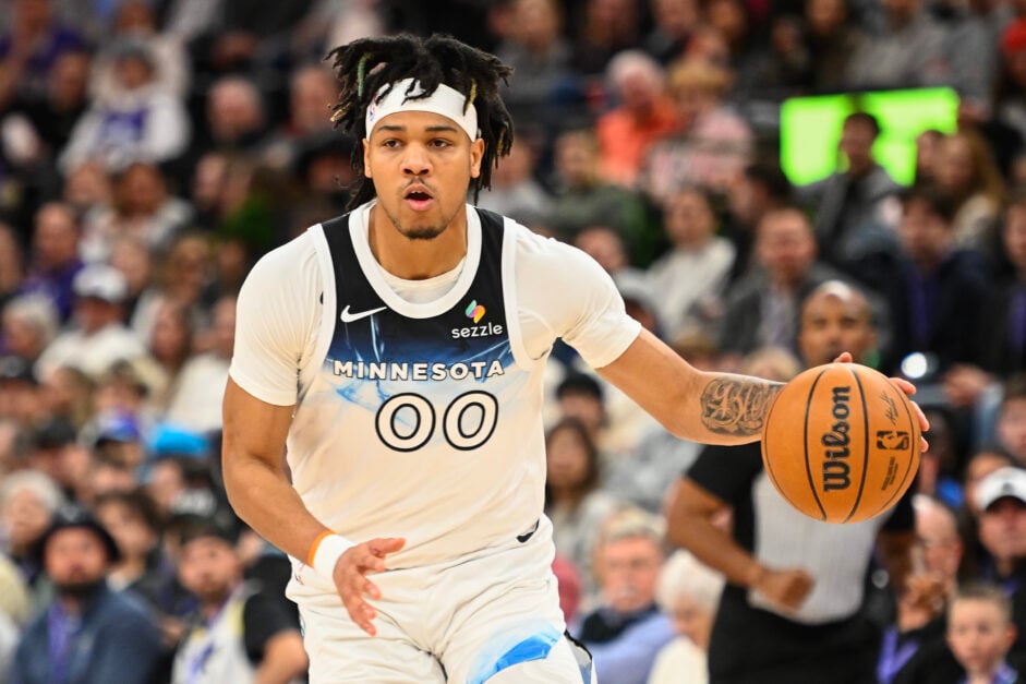 Terrence Shannon Jr dribbling the ball for the Minnesota Timberwolves
