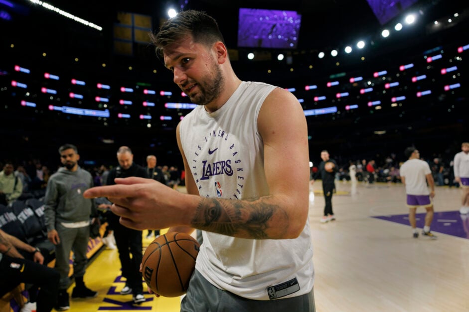 Luka Doncic finishes his shoot-around before the Los Angeles Lakers' game against the New York Knicks