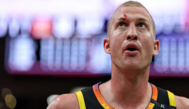 Mason Plumlee #22 of the Phoenix Suns walks off the court after engaging in a scuffle with Steven A...