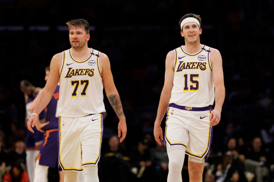 Austin Reaves and Luka Doncic playing for the LA Lakers against the Phoenix Suns
